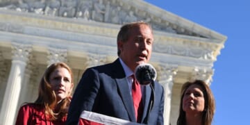 Texas Attorney General Ken Paxton speaks outside the US Supreme Court in Washington, DC on Nov. 1, 2021.