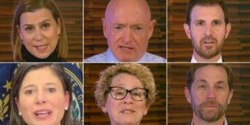 The six Democrats in the video include, from top row, left to right, Sen. Elissa Slotkin of Michigan, Sen. Mark Kelly of Arizona, and four House members, including Reps. Chris Deluzio of Pennsylvania, Maggie Goodlander of New Hampshire, Chrissy Houlahan of Pennsylvania, and Jason Crow of Colorado.