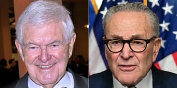 Former House Speaker Newt Gingrich, left, blames the ongoing government shutdown on Sen. Chuck Schumer, a New York Democrat, right. "Unfortunately, for the country -- and especially government employees – Schumer saw this as an opportunity to hold the entire country hostage to prove Democrats could get a supposed win," Gingrich said.