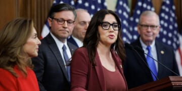 Secretary of Labor Lori Chavez-DeRemer speaks alongside House Republican leadership at a news conference on Nov. 4, 2025, on Capitol Hill in Washington, D.C.