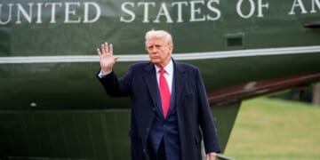 U.S. President Donald Trump and Æ A-Xii, the son of White House Senior Advisor, Tesla and SpaceX CEO Elon Musk, walk towards Marine One on the South Lawn on March 14, 2025 in Washington, DC.