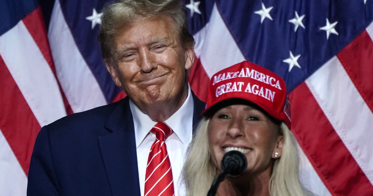 Rep. Marjorie Taylor Greene speaks alongside President Donald Trump at a campaign event in Rome, Georgia, on March 9, 2024.