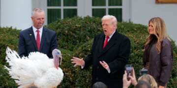 President Donald Trump pardons National Thanksgiving Turkey Gobble alongside First Lady Melania Trump during the 78th annual National Thanksgiving Turkey Presentation in the Rose Garden of the White House on Nov. 25, 2025, in Washington, D.C.