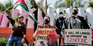 Pro-Palestine protesters in Los Angeles, seen at a March 29 protest, employ the distorted terminology popularized by Hamas, terming Israel's action in Gaza "genocide."