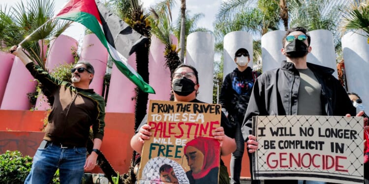 Pro-Palestine protesters in Los Angeles, seen at a March 29 protest, employ the distorted terminology popularized by Hamas, terming Israel's action in Gaza "genocide."