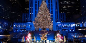 Rockefeller Center Christmas tree illuminated in New York