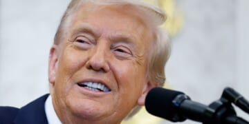 President Donald Trump delivers remarks in the Oval Office of the White House in Washington, DC on Oct. 16, 2025.
