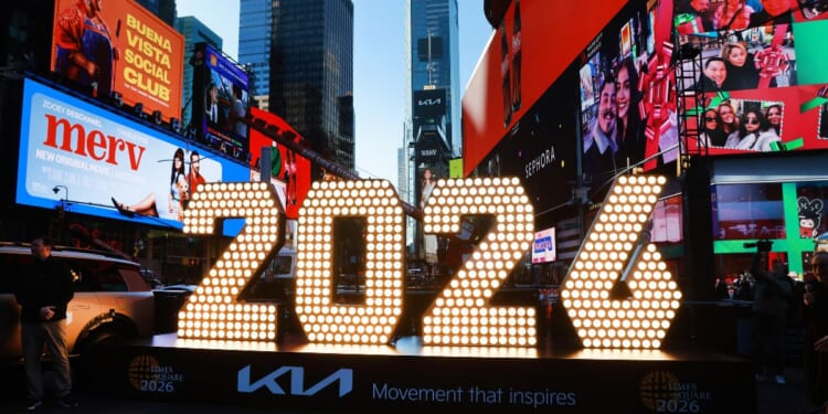 The New Year's Eve ball drop numerals for 2026 are displayed in Times Square on Dec. 18, 2025, in New York City.