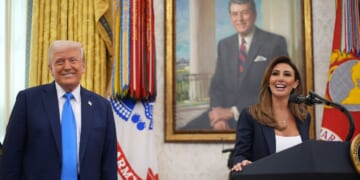 President Donald Trump listens as White House Presidential Counselor Alina Habba delivers remarks before being sworn in as the interim U.S. Attorney for New Jersey March 28 in the Oval Office at the White House in Washington, D.C.