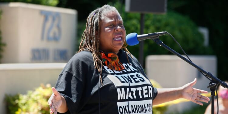 T. Sheri Dickerson, co-founder of Black Lives Matter Oklahoma City, speaks during a rally outside the Stillwater Police Department in Stillwater, Oklahoma, on June 3, 2020.