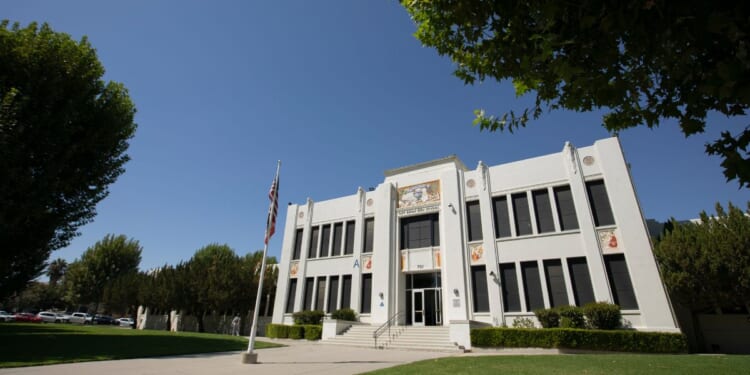 Afternoon sunlight shines on the historic downtown high school in Taft, California, on Sept. 20, 2024.