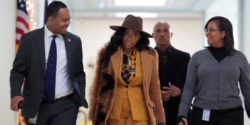 Democrat Rep. Jasmine Crockett arrives at a closed-door deposition with former Special Counsel Jack Smith at the Rayburn House Office Building in Washington, DC on Dec. 17, 2025.