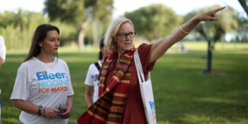 City of Miami mayoral candidate Eileen Higgins and Florida Democratic Party Chair Nikki Fried prepare to canvass a neighborhood for votes on Dec. 8, 2025, in Miami, Florida.