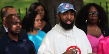 Co-founder of Until Freedom Mysonne Linen speaks at a news conference at Park Row in New York City on May 11, 2023.
