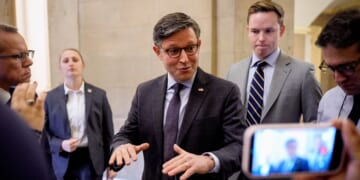 Speaker of the House Mike Johnson speaks to reporters outside his office at the U.S. Capitol Building on Dec. 3, 2025, in Washington, D.C.