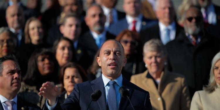 House Minority Leader Hakeem Jeffries and fellow Democratic leaders hold a rally to demand the House vote to extend Obamacare subsidies on the East Front Steps of U.S. Capitol on Dec. 18, 2025, in Washington, D.C.