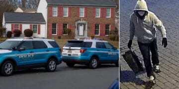 Prince William County police seal the street, left, in front of the Virginia home of suspected Jan. 6, 2021, pipe bomber Brian Cole. At right, an image from an FBI poster shows the suspect who allegedly placed pipe bombs in Washington.