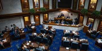 Indiana State Senators meet in the Senate chamber in the Indiana State Capitol building on July 25, 2022, in Indianapolis, Indiana.