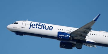 A JetBlue Airways Airbus A321 airplane departs from Los Angeles International Airport en route to New York on Oct. 17, 2025, in Los Angeles, California.