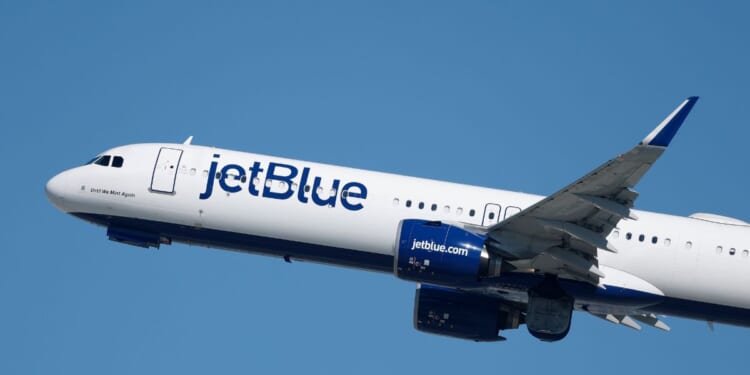 A JetBlue Airways Airbus A321 airplane departs from Los Angeles International Airport en route to New York on Oct. 17, 2025, in Los Angeles, California.