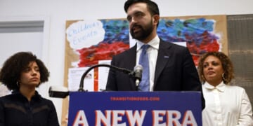 New York City Mayor-elect Zohran Mamdani speaks to the media on Wednesday with his then-Appointments Director Catherine Almonte Da Costa, left, and Jahmila Edwards, right, the head of the Mayor's Office of Intergovernmental Relations.