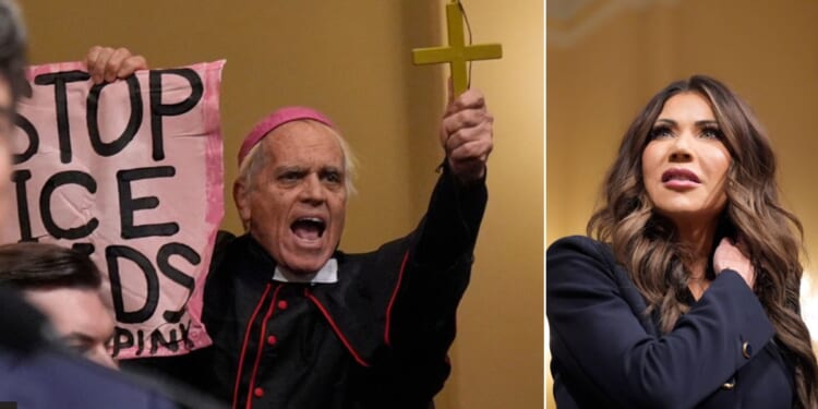 A protester dressed as a Catholic cardinal, left, interrupted Homeland Security Secretary Kristi Noem Thursday during a hearing the House Committee on Homeland Security on Capitol Hill in Washington, D.C.