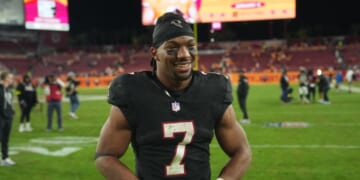Atlanta Falcons running back Bijan Robinson smiles after a win in a contest against the Tampa Bay Buccaneers in Tampa, Florida, on Dec. 11, 2025.