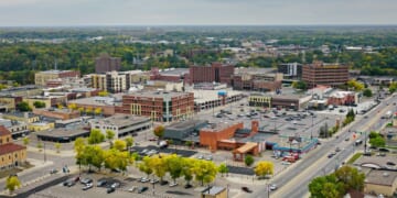 An aerial view of Saint Cloud, Minnesota, on an overcast day.