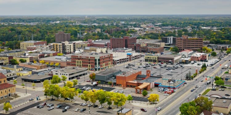 An aerial view of Saint Cloud, Minnesota, on an overcast day.