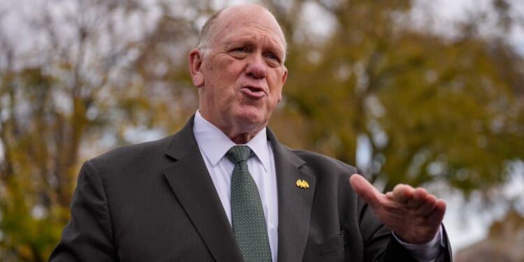 White House Border Czar Tom Homan stops to speaks to reporters following a video interview on the North Lawn outside of the White House on Nov. 14, 2025, in Washington, D.C.