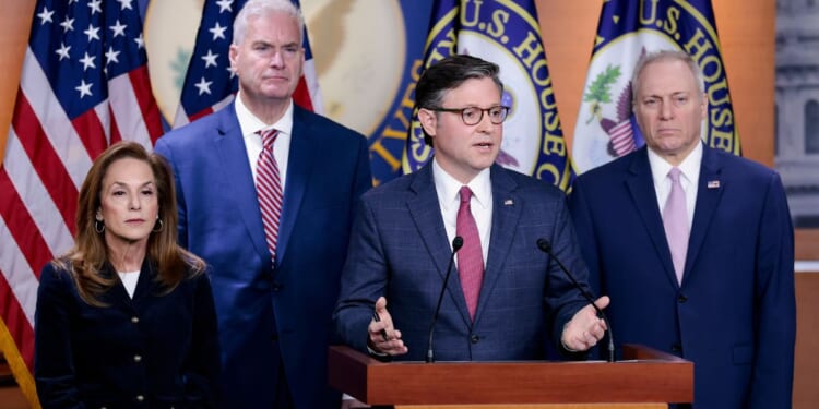 House Speaker Mike Johnson of Louisiana, flanked by other House Republicans, discusses affordability Wednesday at a news conference at the U.S. Capitol in Washington, D.C. The Republican leaders discussed health care plans with a vote regarding an extension of Obamacare subsidies looming.