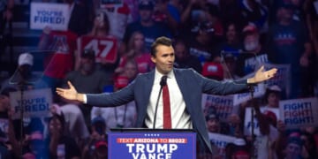 Turning Point USA founder Charlie Kirk speaks during a campaign rally for President Donald Trump at Desert Diamond Arena on Aug. 23, 2024, in Glendale, Arizona.