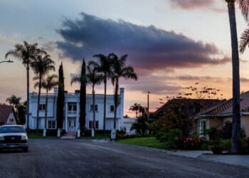 Dusk falls over one of the many mansions on Nov. 18, 2024, in Downey, California.
