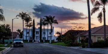 Dusk falls over one of the many mansions on Nov. 18, 2024, in Downey, California.