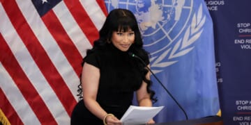 Rapper Nicki Minaj speaks at a panel discussing the persecution of Christians in Nigeria in New York City on Nov. 18, 2025.