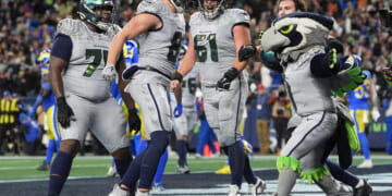 Seattle Seahawks tight end Eric Saubert celebrates after successfully scoring a two-point conversion in the overtime of a contest against the Los Angeles Rams on Dec. 18, 2025 in Seattle.