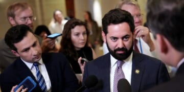 Rep. Mike Lawler speaks to reporters as he arrives for a House Republican Caucus meeting at the U.S. Capitol on May 15, 2025, in Washington, D.C.