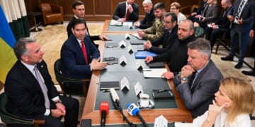 Secretary of State Marco Rubio, flanked by White House Special Envoy Steve Witkoff and Jared Kushner, speaks during a meeting with Ukrainian officials headed by Secretary of the National Security and Defense Council of Ukraine Rustem Umerov in Hallandale Beach, Florida, on Nov. 30, 2025.