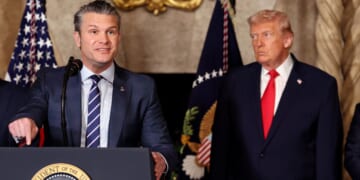 Secretary of War Pete Hegseth speaks alongside President Donald Trump as Trump announced the creation of the “Trump-class” battleship during a statement to the media at Trump’s Mar-a-Lago estate on Dec. 22, 2025, in Palm Beach, Florida.