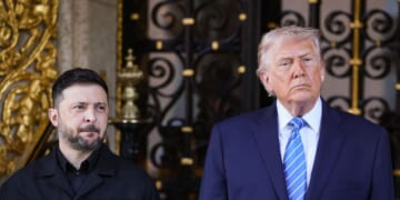 President Donald Trump greets Ukrainian President Volodymyr Zelenskyy at his Mar-a-Lago club on Dec. 28, 2025, in Palm Beach, Florida.