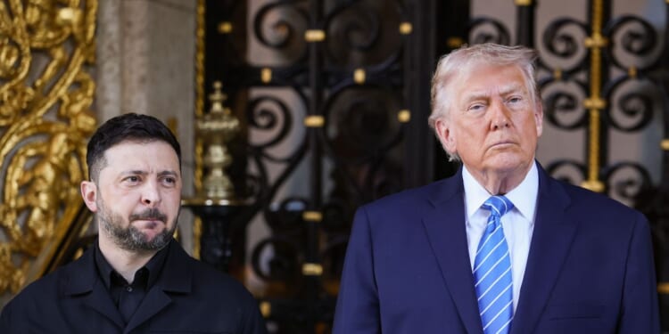 President Donald Trump greets Ukrainian President Volodymyr Zelenskyy at his Mar-a-Lago club on Dec. 28, 2025, in Palm Beach, Florida.