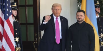 President Donald Trump greets Ukrainian President Volodymyr Zelensky outside the West Wing of the White House on Oct. 17, 2025, in Washington, D.C.