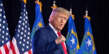 President Donald Trump pumps his fist at an event in Fervent Calvary Chapel Church in Las Vegas on July 8, 2023.