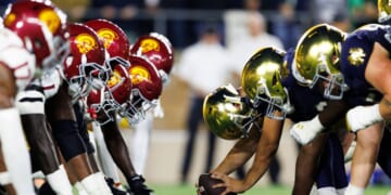 USC Trojans defense and Notre Dame Fighting Irish offense at the line of scrimmage before an extra point attempt during the game Notre Dame Stadium on Oct. 18, 2025, in South Bend, Indiana.