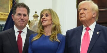 Michael Dell, left, his wife Susan, and President Donald Trump listen during an event on "Trump Accounts" for kids in the Roosevelt Room of the White House on Dec. 2, 2025, in Washington, D.C.