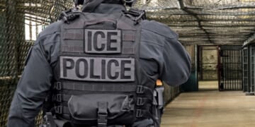 An ICE officer walks down a hall at a detention facility.