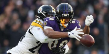 Joey Porter Jr. of the Pittsburgh Steelers breaks up a pass intended for Isaiah Likely of the Baltimore Ravens during the fourth quarter at M&T Bank Stadium on Dec. 7, 2025, in Baltimore, Maryland.