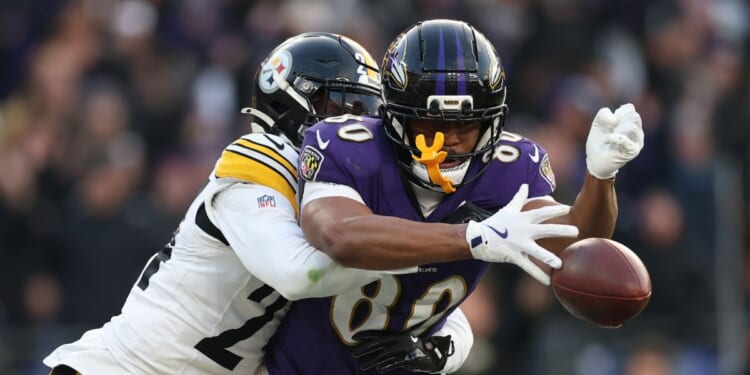 Joey Porter Jr. of the Pittsburgh Steelers breaks up a pass intended for Isaiah Likely of the Baltimore Ravens during the fourth quarter at M&T Bank Stadium on Dec. 7, 2025, in Baltimore, Maryland.