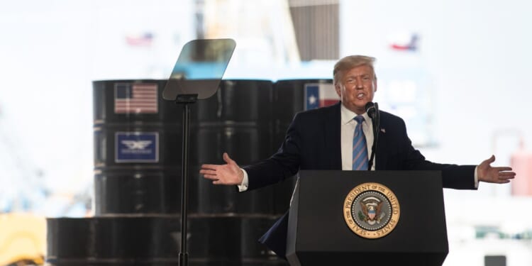 President Donald Trump speaks to city officials and employees of Double Eagle Energy on the site of an active oil rig on July 29, 2020, in Midland, Texas.
