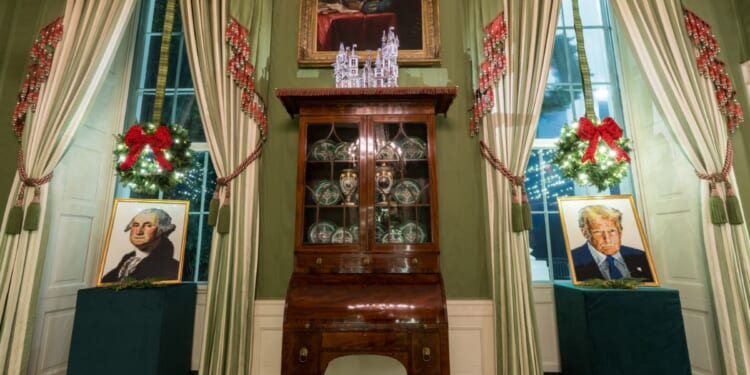The new White House Christmas decorations include LEGO portraits of President George Washington and President Donald Trump.